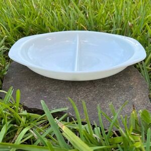 Pyrex Divided Serving Dish 1063 White Milk Glass 1.5 QT Oval Vintage USA